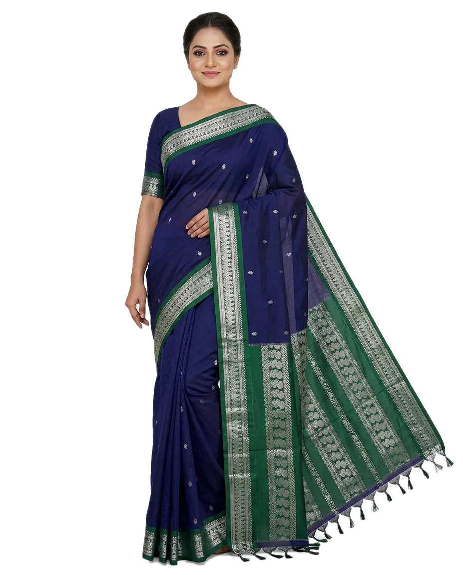 Cotton Blend Gadwall saree for Women Navy Blue and Green Border, with Pallu