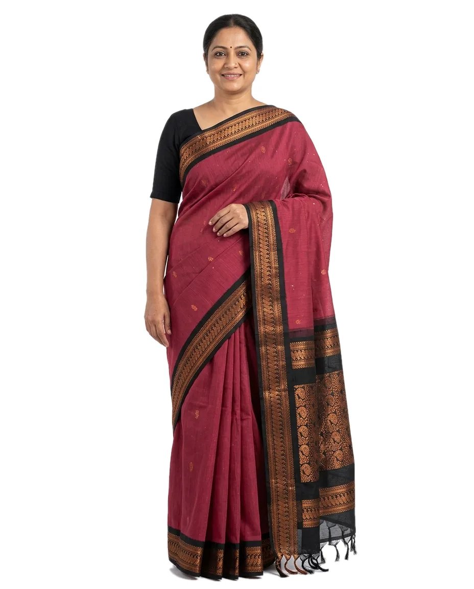 Indian Traditional Cotton Blend Breathable Gadwall Saree for Women, Red with Copper Zori Black Pallu & Border with Contrast Blouse Piece