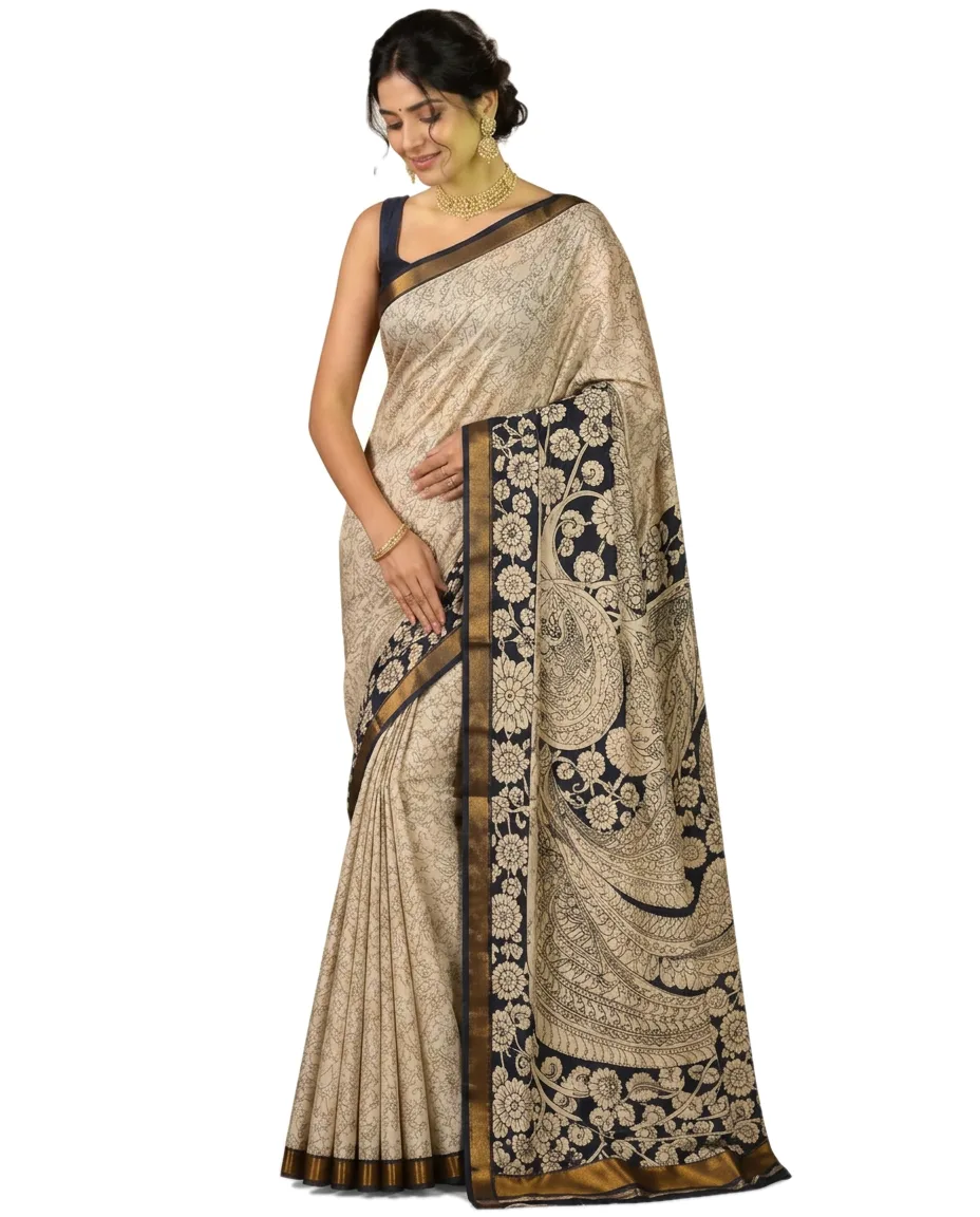 Indian Traditional Silk Saree, with Kalamkari Hand Print with Zori Worked Border and Blouse Piece – front view