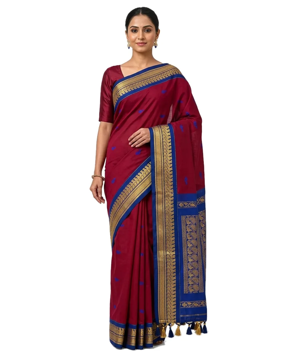 Cotton Blend Gadwall Sari Burgundi Red with Zori work in Border & Pallu