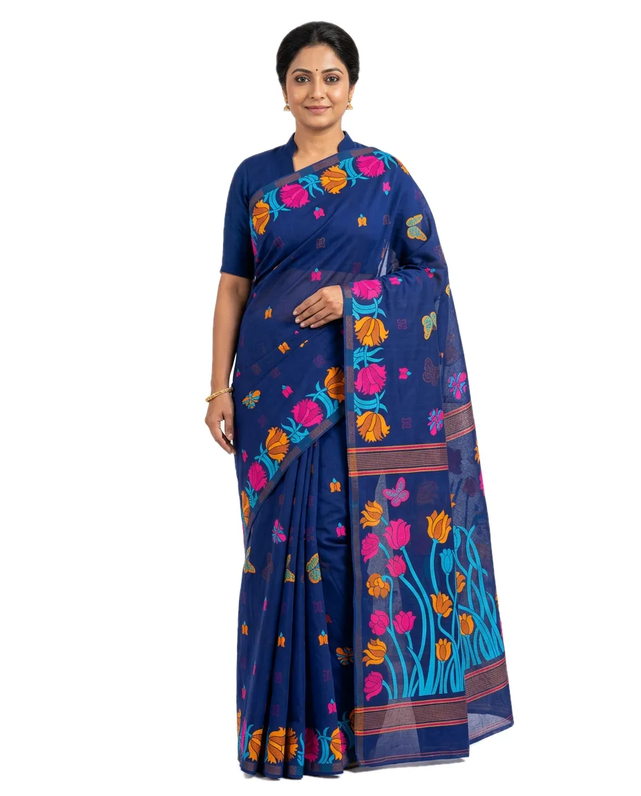 Soft Jamdani Saree Deep Blue Multi Coloured Tulip Flower Design