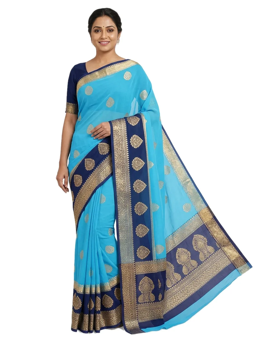 Indian Traditional Georgette Saree for Women, Sky Blue with Deep Blue Zori Buti & Contrast Blouse Piece