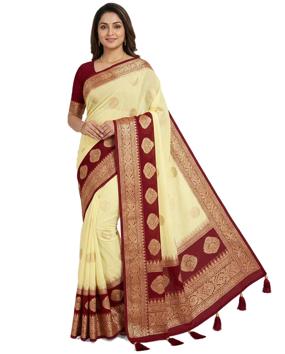 Indian Traditional Georgette Saree for Women, Butter Colored & Maroon zori Worked Border