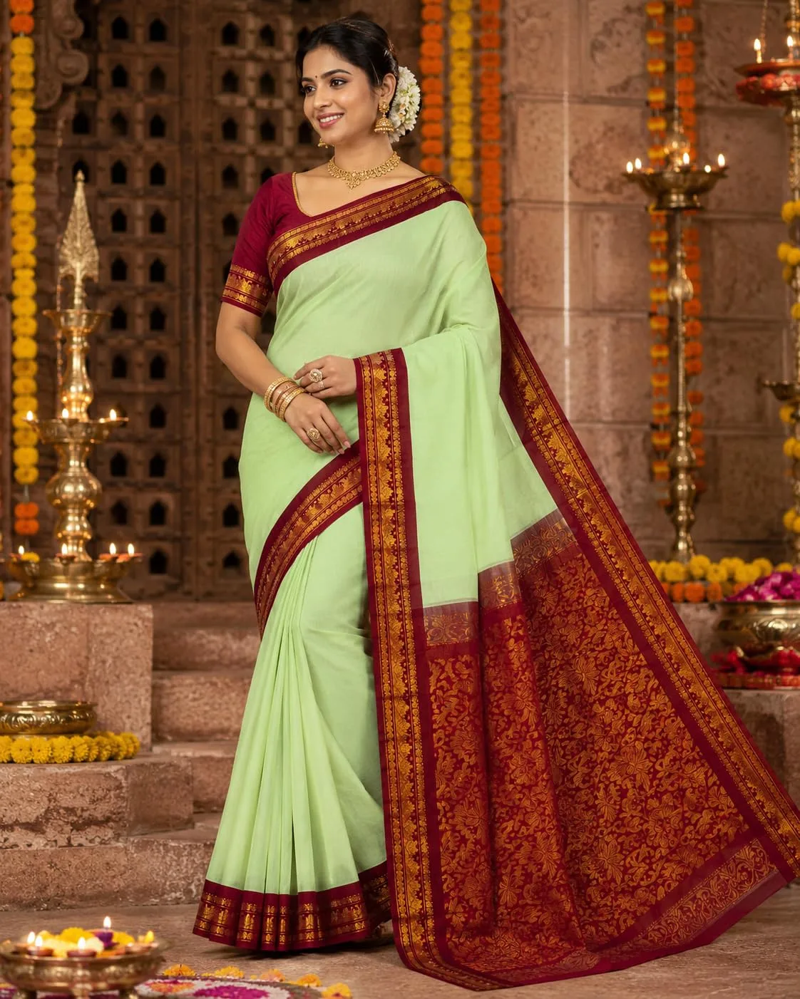 Pure Cotton Gadwall Mutted Pestal Green Plain Rich zori Pallu zori Border