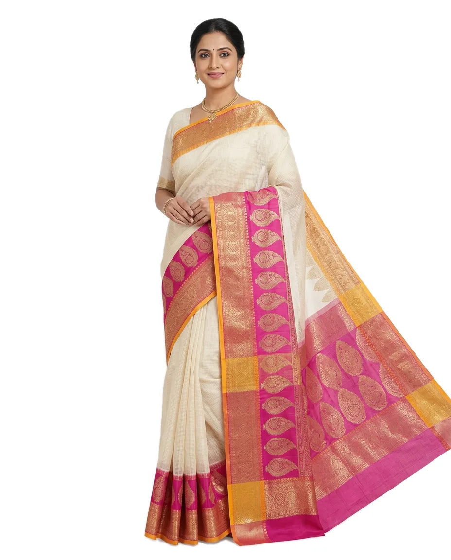 Silk Kota, Gadwall Indian, Traditional Saree, for women, Off White Saree with Rani pink & Golden Ganga Yamuna Border