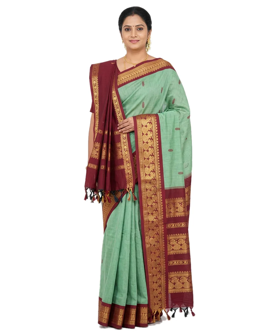 Indian Traditional Gadwall Cotton Blend Saree for Women Light Green Sari with Maroon Border, Peacock Zori Worked Border