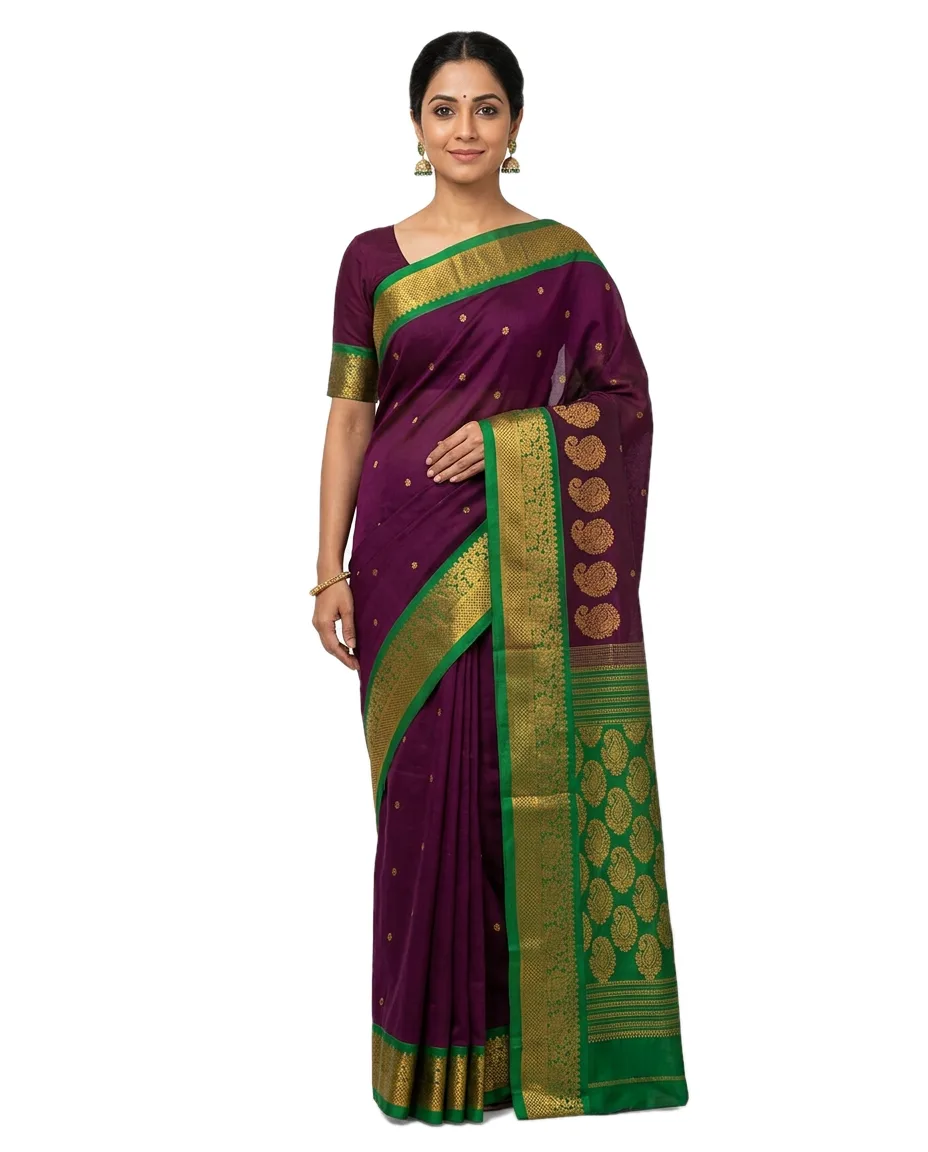 Cotton Gadwall Saree, with Deep Maroon & Green Border & Zori Worked Pallu