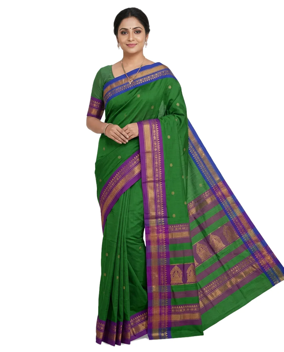 Indian Traditional Gadwall Plain Saree for Women, Deep Leaf Green with Violet & Royal Blue Border