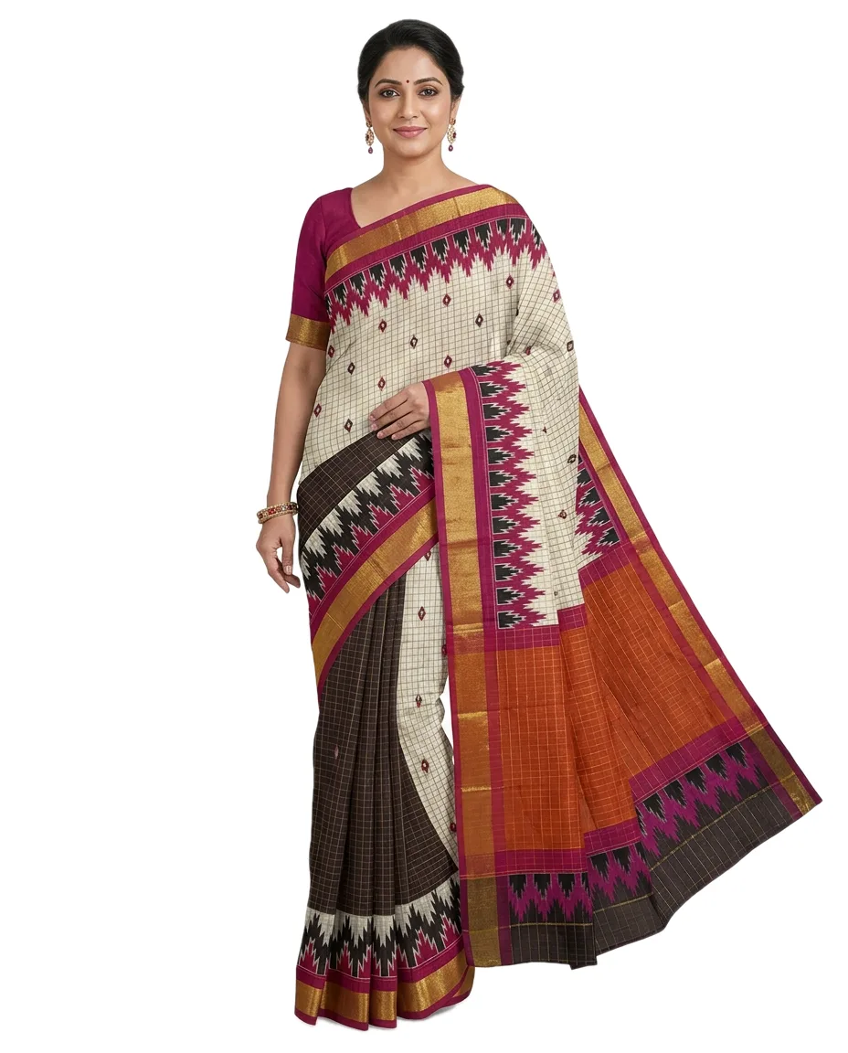 Madurai Saree, Ganga-Yamuna Border, with Checks in Body Part, for Women