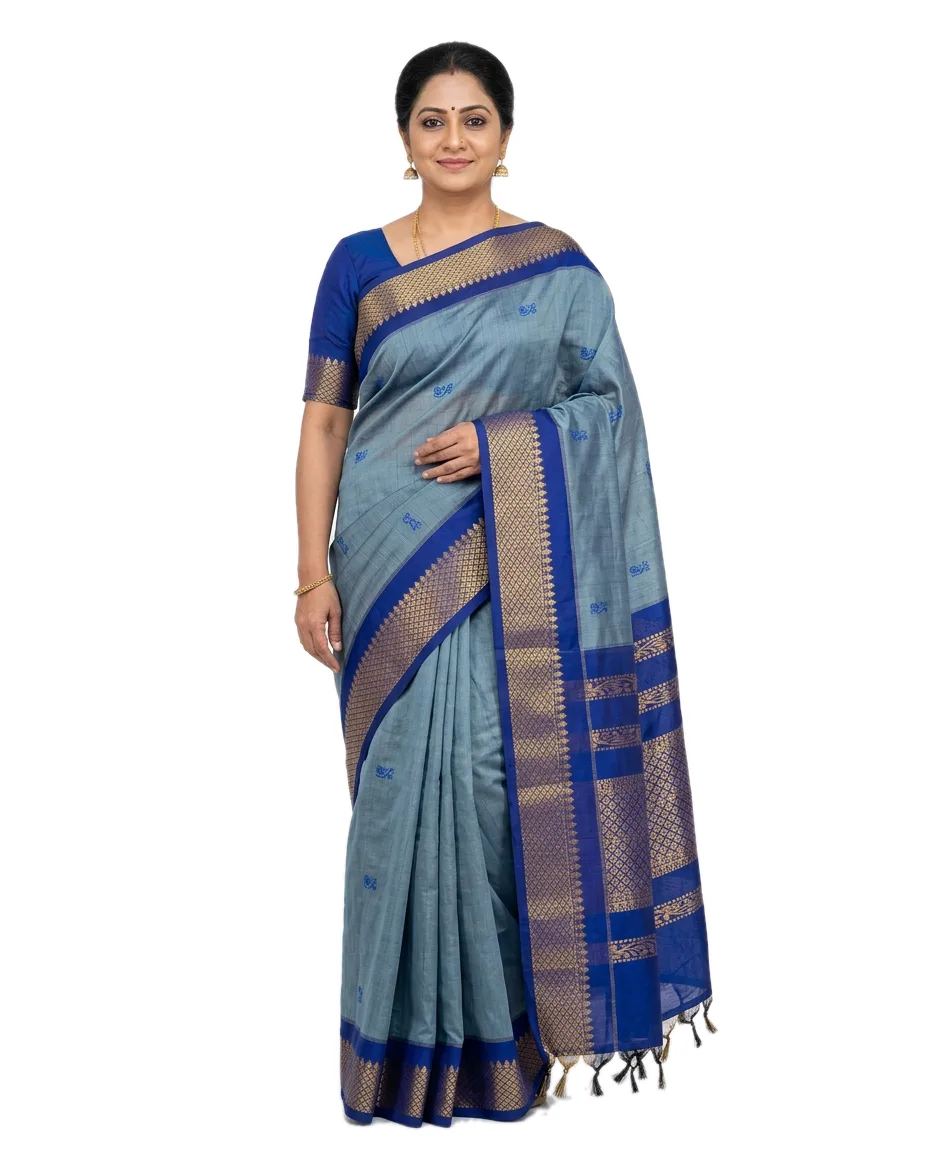 Indian Traditional Cotton Blend Gadwall Saree for Women, Bluish grey Saree with Blue Zori Worked Border & Wide Pallu