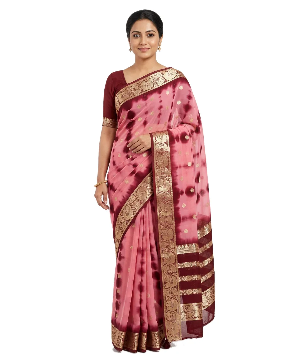 Traditional Silk Georgette Saree for Women, (Pink & Maroon with Zori Border)