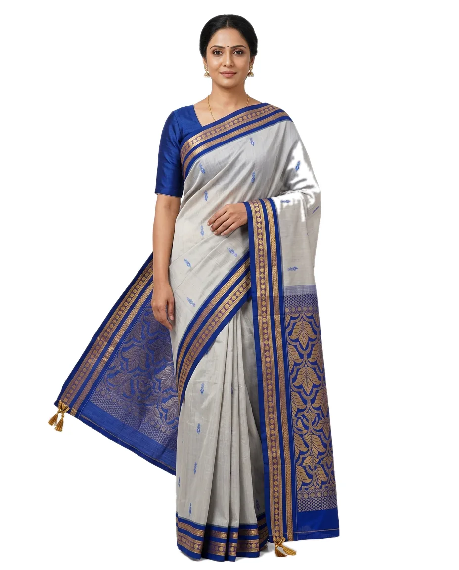 Gadwal Saree for Women Gray Coloured saree and Zori Border & Pallu
