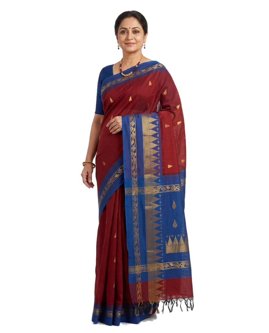 Cotton Blend Gadwall Traditional Saree for Women Maroon colour Saree with plain Blue Border and temple Zori pallu