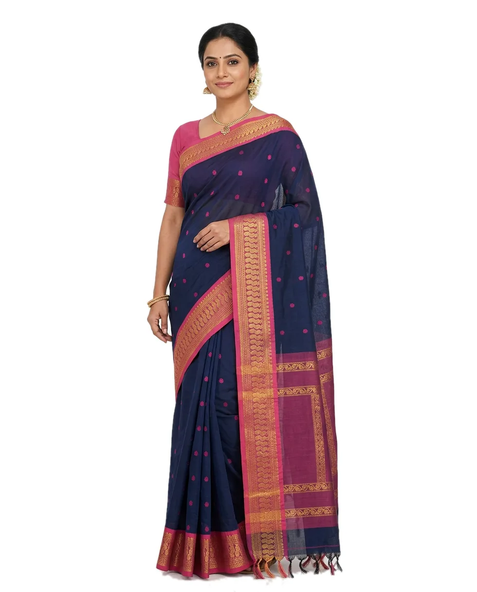 Indian Traditional Cotton Blend Gadwall Saree for Women, Deep Navy Blue Saree with Small Rani coloured butis