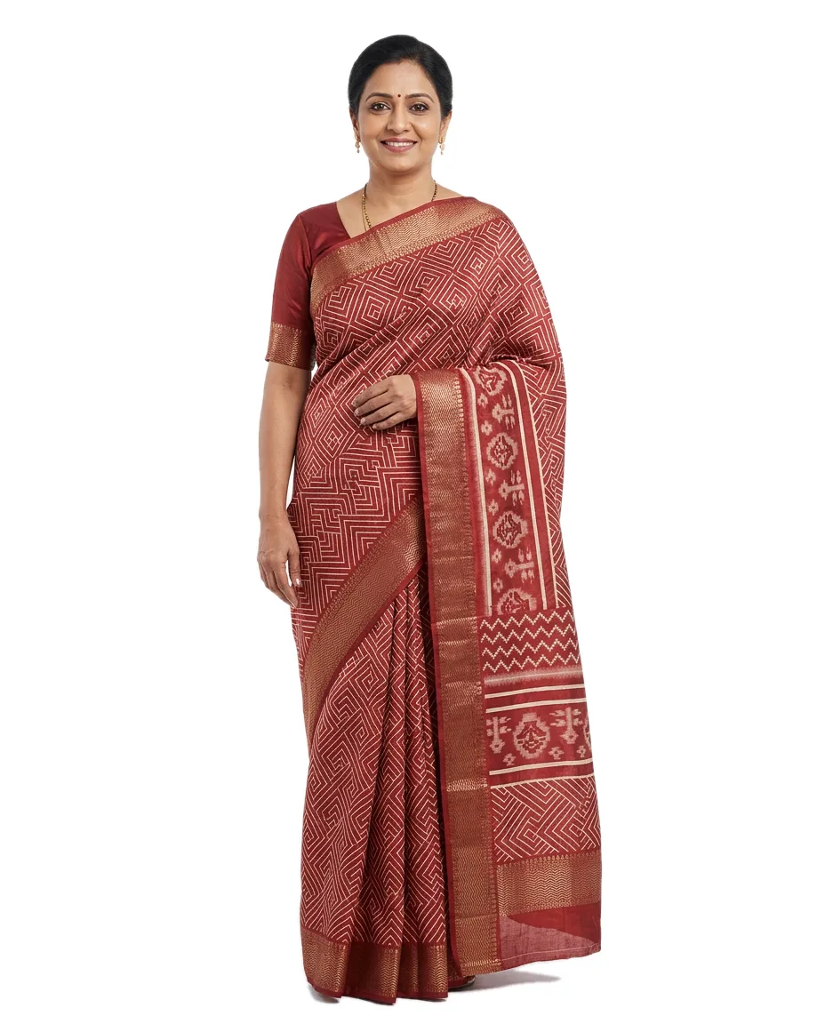 Maroon, printed saree (Printed saree, maroon and white colour block printed saree