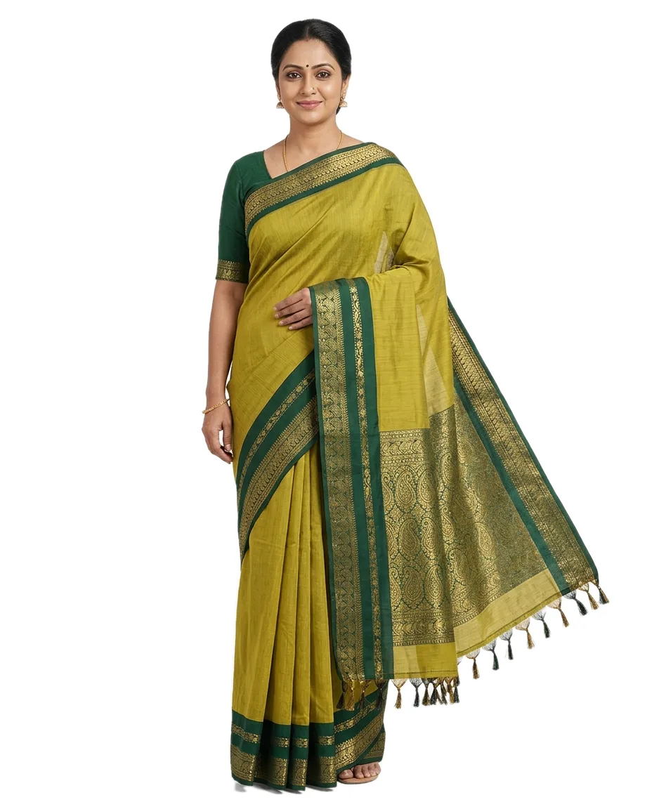 Cotton Blend Yellowish Green Saree & Medium Jungle Green border & Contrast Blouse Piece