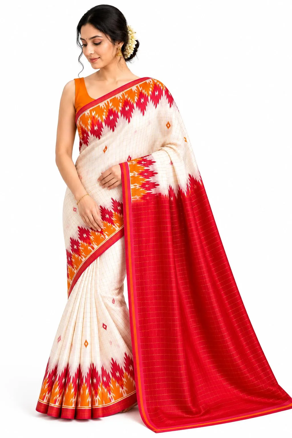 Pure Cotton White Red & Yellow Temple Zori Border & Checks Madurai Saree