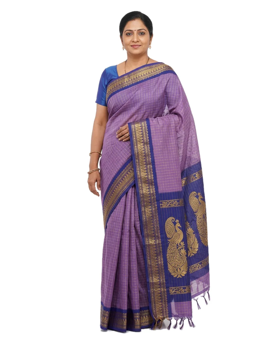 Cotton Blend Gadwall Traditional Saree for Women Violet Saree with zori checks and Deep Blue Border with Peacock Zori Worked