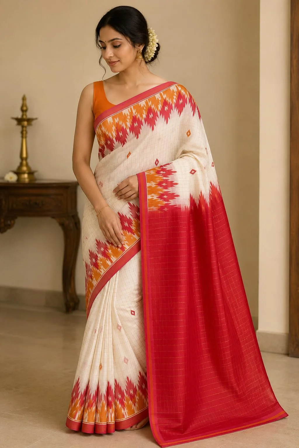 Pure Cotton White Red & Yellow Temple Zori Border & Checks Madurai Saree
