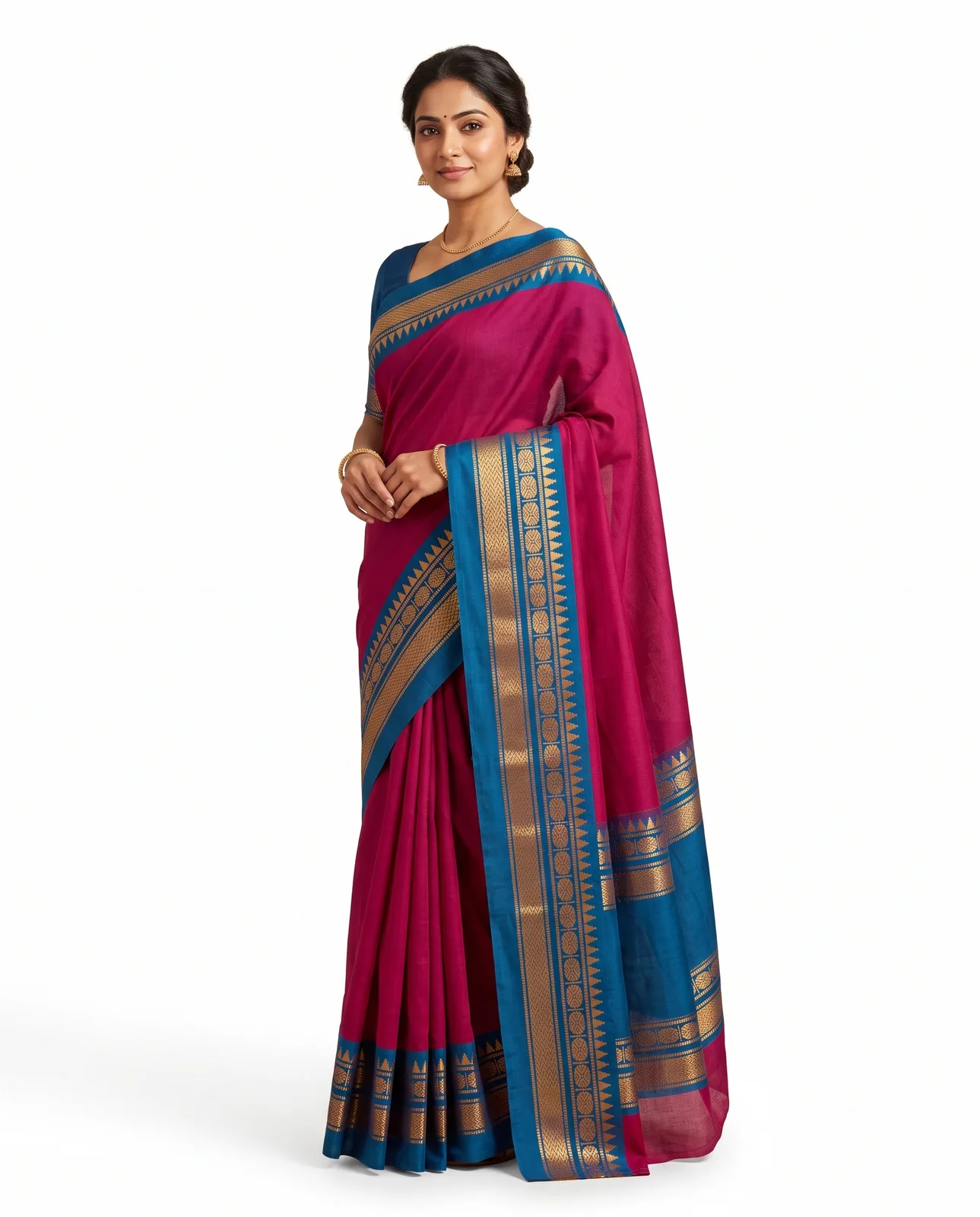 Kanchi Cotton Saree, Reddish Pink Blue Zori Work Border & Plain Pallu
